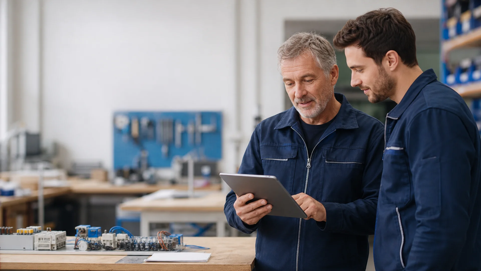 Zwei Fachkräfte prüfen gemeinsam einen digitalen Prozess auf einem Tablet
