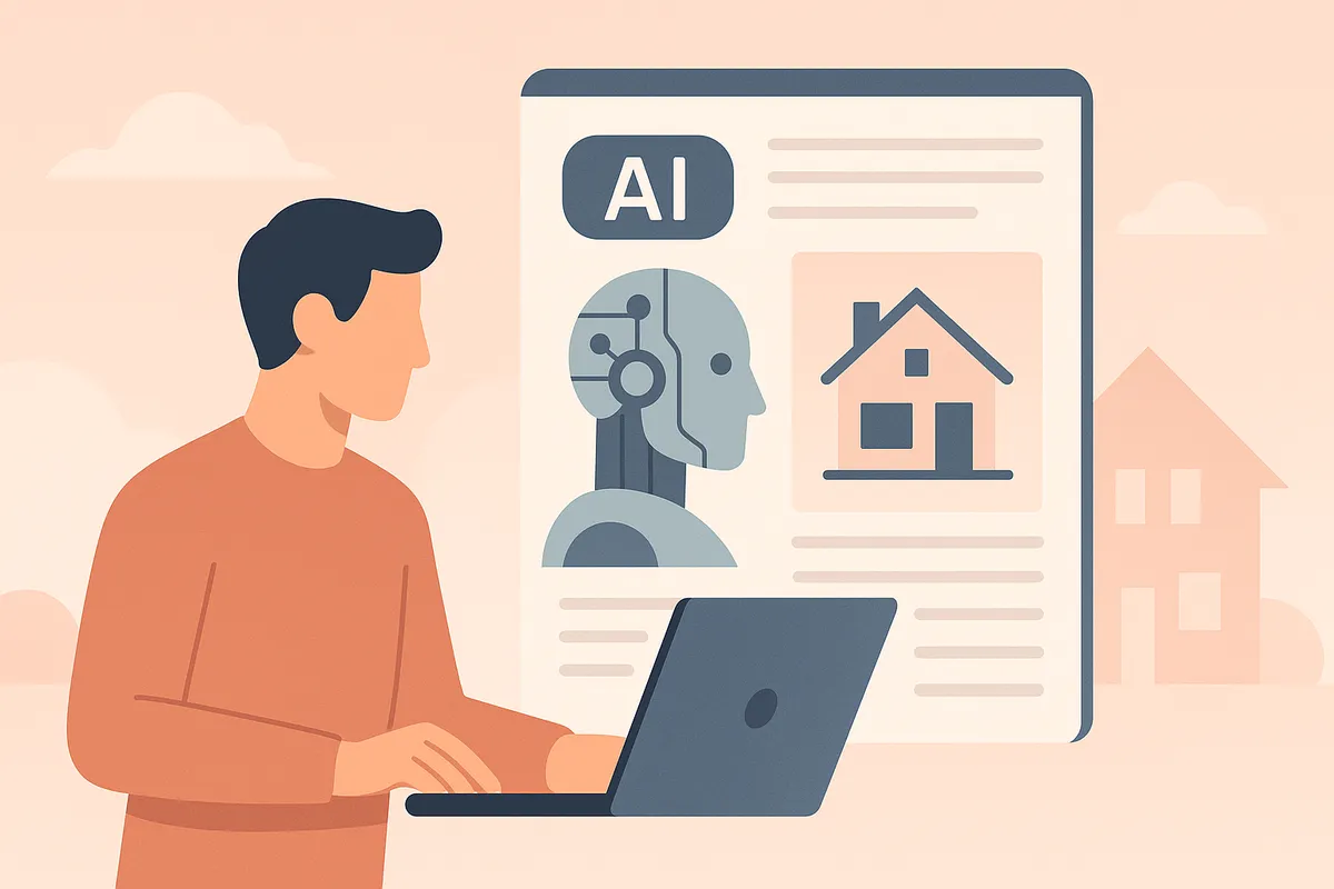 Moderne Illustration von Künstlicher Intelligenz im Immobilienmarkt mit sanften Farben.