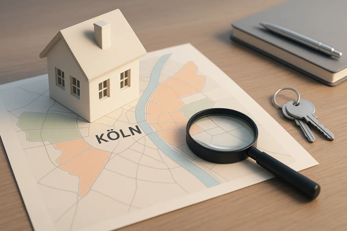 3D-Visualisierung von Kölner Stadtteilen für Immobilieninvestitionen mit sanfter Beleuchtung.