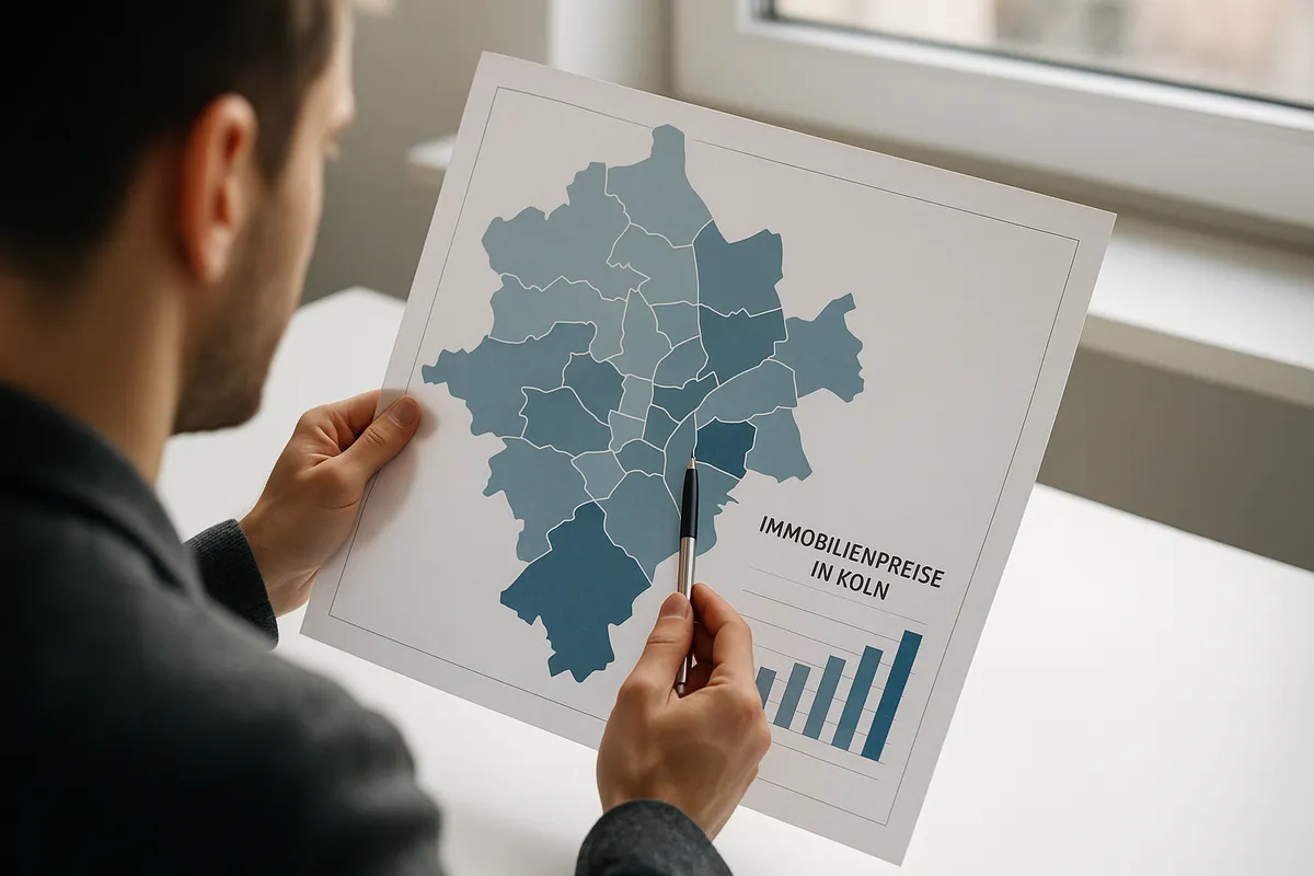 Moderne Kölner Stadtansicht mit Immobilien, die Preisunterschiede verdeutlichen.